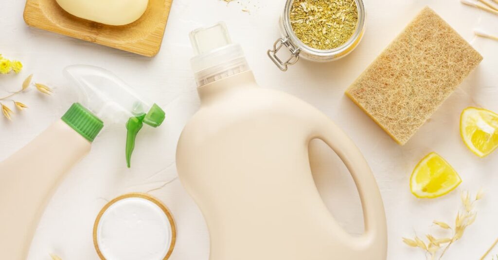 A flat lay of neatly arranged cleaning supplies, including sponges, and bottles on a bright, clean surface.