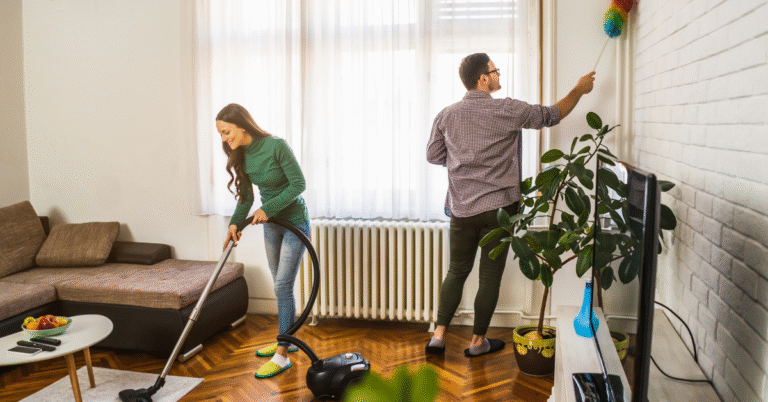 Two people deep cleaning their home.