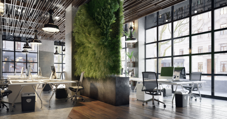 Modern NYC startup office with clean desks, sanitized surfaces, and natural lighting, representing professional commercial cleaning results